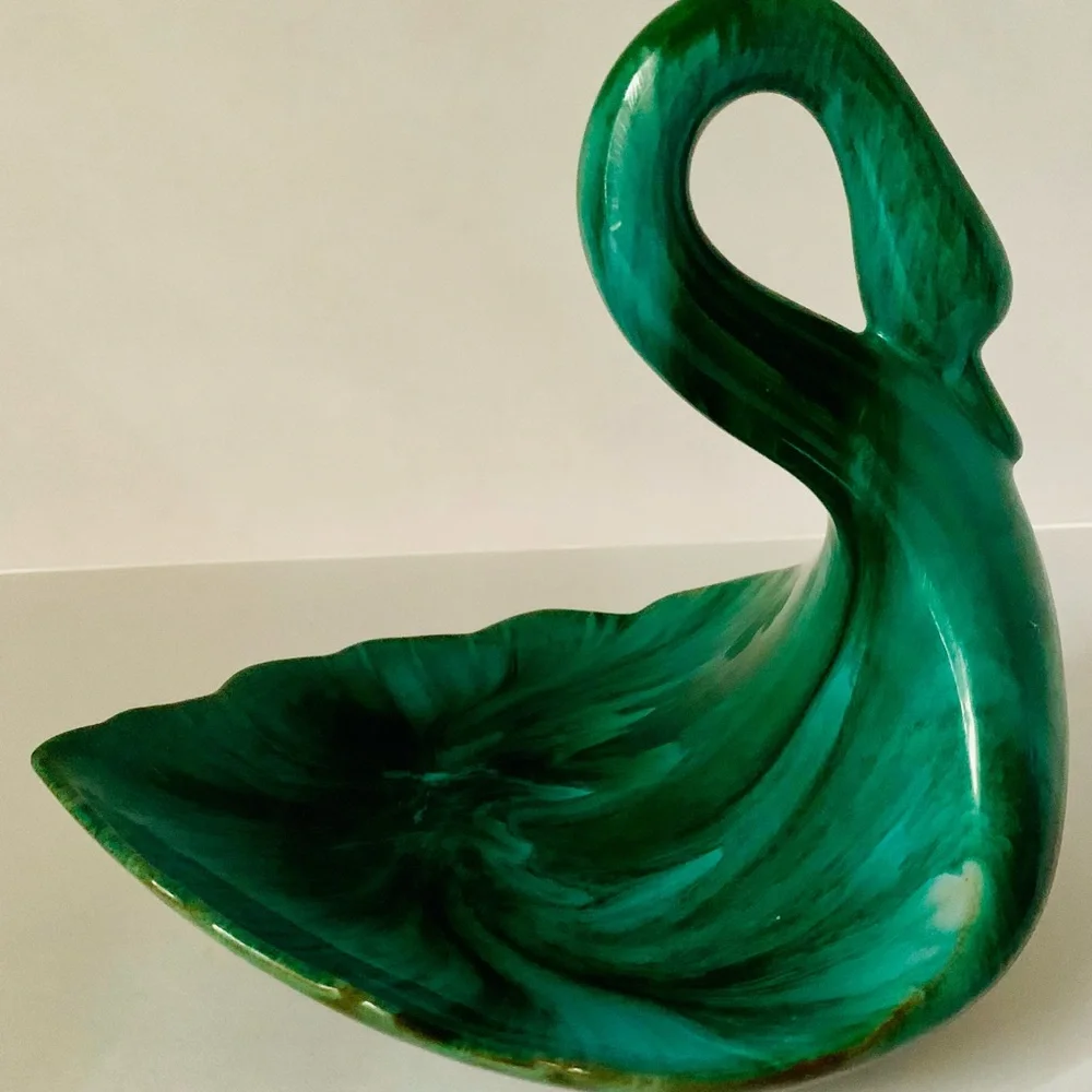 Vintage Blue ? Mountain Pottery Canada Swan Trinket Dish Redware Green Blue MCM